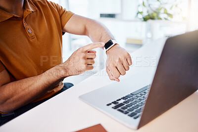 Buy stock photo Man, hands and watch by laptop for time, schedule or monitoring heart rate at the office desk. Hand of male looking at wristwatch while working on computer for business deadline, performance or timer