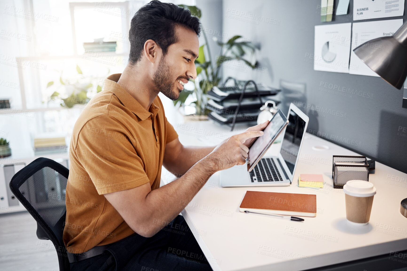 Buy stock photo Tablet typing, business office analysis and happy man reading article, online media blog or social network review. Editing, male editor and journalist work on news post, web content or email feedback