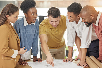 Buy stock photo Architecture team, blueprint and business people for planning, discussion and engineering design. Collaboration, construction and men and women talking with illustration, floor plan and documents