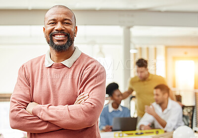 Buy stock photo Smile, business and arms crossed with portrait of black man in meeting for planning, leadership and mindset. Creative, training and strategy with employee in office for workshop, teamwork and mission