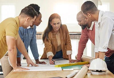 Buy stock photo Teamwork, architecture and business people in meeting for planning, discussion and engineering design. Collaboration, construction and men and women talking with blueprint, floor plan and documents