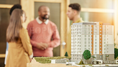 Buy stock photo Architecture team, meeting and city model in office for construction agency, development or strategy. Business people, architect teamwork and 3d prototype of buildings, property and mock up space