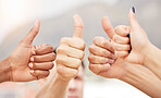 Closeup of people, hands and thumbs up for teamwork, collaboration and agreement of solidarity together. Diversity, community and group with hand sign for thank you, trust and review with like emoji