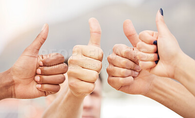 Buy stock photo Closeup of people, hands and thumbs up for teamwork, collaboration and agreement of solidarity together. Diversity, community and group with hand sign for thank you, trust and review with like emoji