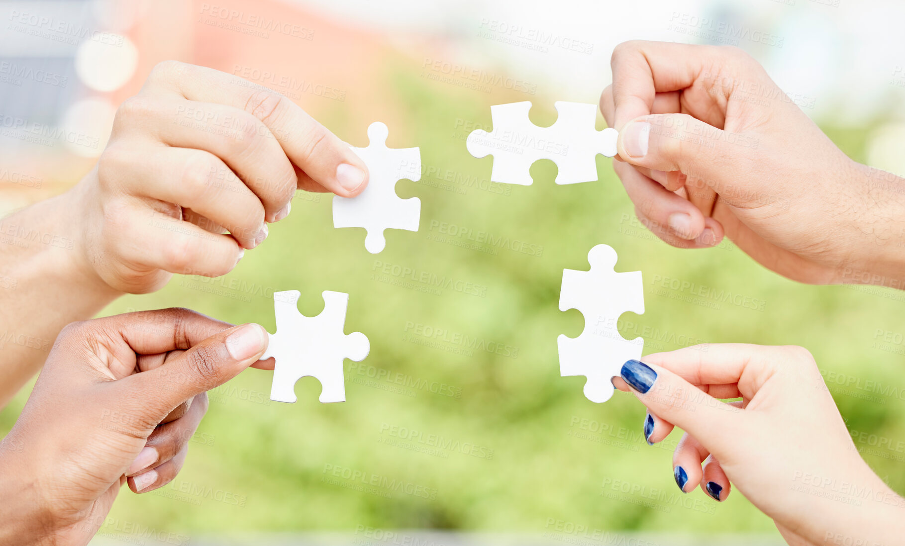 Buy stock photo People, hands and puzzle outdoor for teamwork, solution and problem solving for innovation. Closeup of group, team building game and collaboration of cooperation, synergy and support of integration 