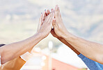 Closeup of people, group and high five hands for support, solidarity and teamwork of success, agreement and trust. Partnership, collaboration and community celebrate target goals, motivation and deal