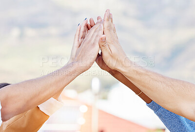 Buy stock photo Closeup of people, group and high five hands for support, solidarity and teamwork of success, agreement and trust. Partnership, collaboration and community celebrate target goals, motivation and deal