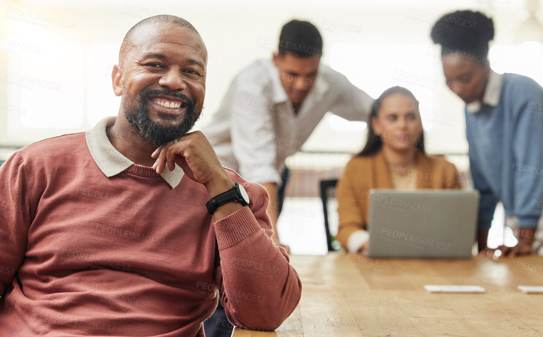 Buy stock photo Leadership, smile and portrait of black man in office for business, project management and mindset. Face, professional and development with employee in meeting for corporate, motivation or manager