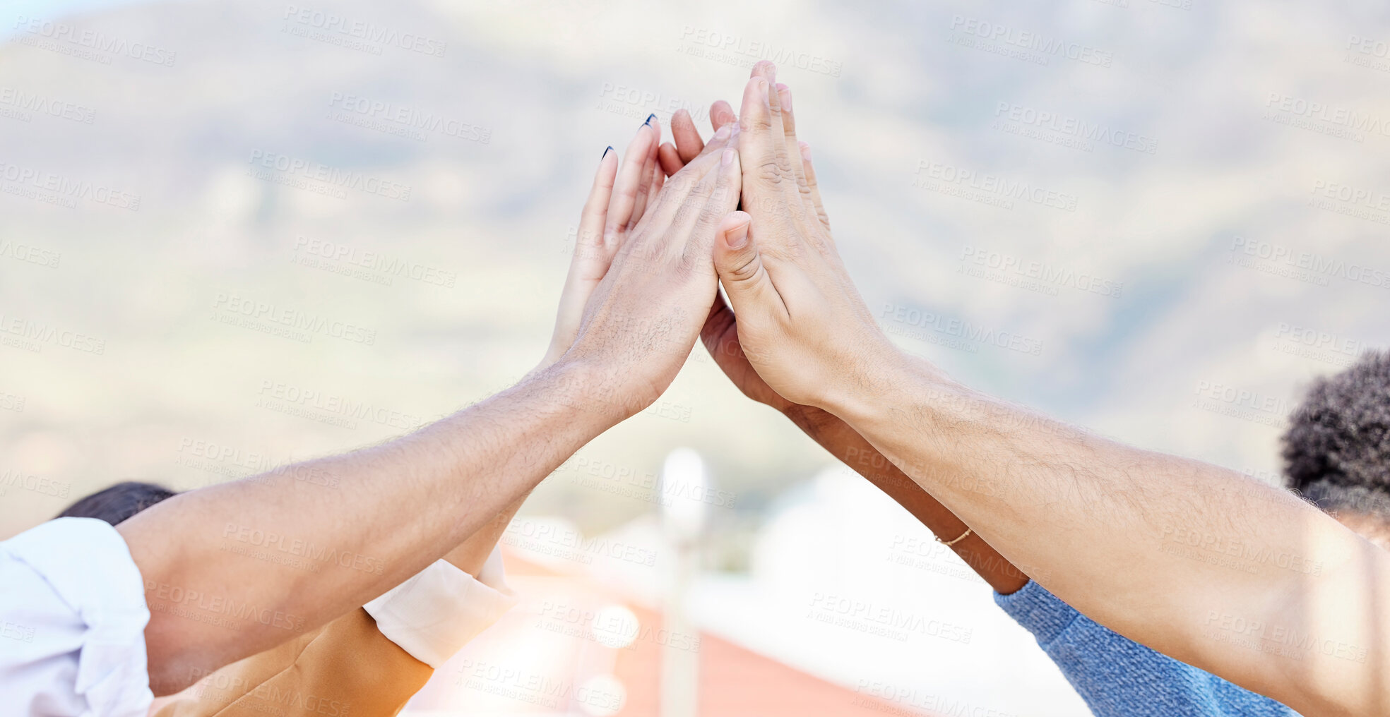 Buy stock photo People, friends and high five hands for support, solidarity and teamwork of target, agreement and trust. Closeup group, partnership and collaboration of community celebration, motivation and winning