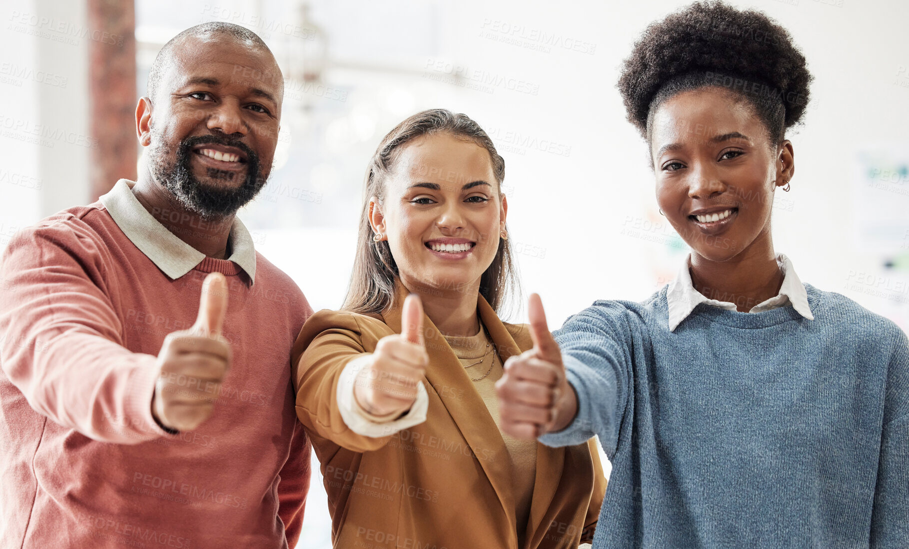 Buy stock photo Business people, thumbs up and team portrait in office with support, motivation or diversity at job. Businessman, women and teamwork with smile, solidarity or hand sign for collaboration in workplace