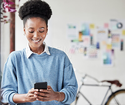 Buy stock photo Black woman, business and phone with a smile for communication, social media or online chat. Female entrepreneur person with a smartphone while typing on mobile app and happy about network connection