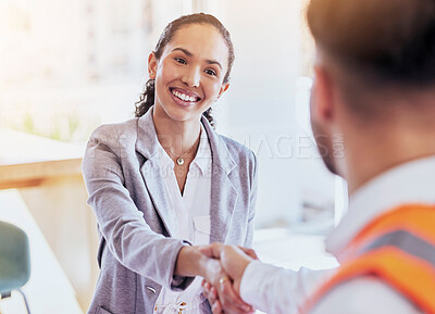 Buy stock photo Business people, architect and handshake for partnership, deal or agreement in construction at office. Woman shaking hands with contractor or engineer for b2b, hiring or recruitment for architecture