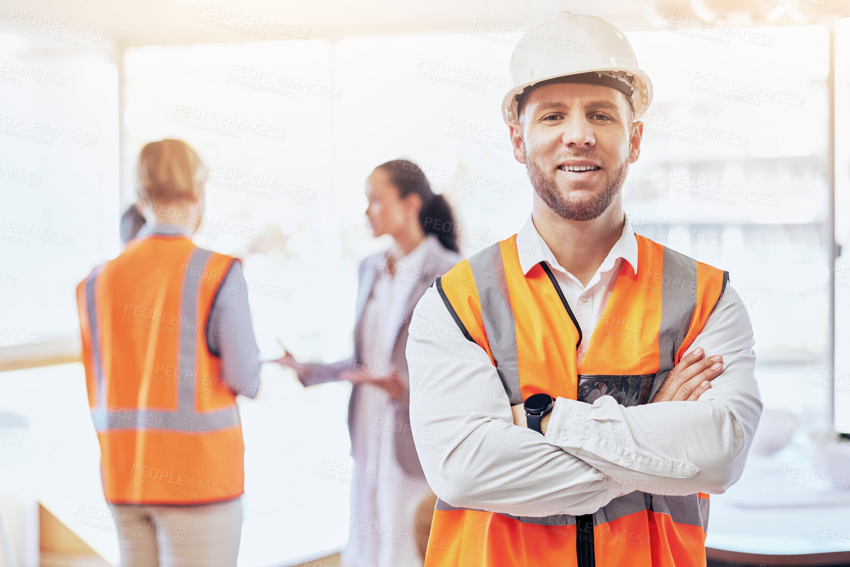 Buy stock photo Architecture, arms crossed and portrait of man on construction site for planning, engineering or building. Designer, inspection and development with contractor for renovation, maintenance or industry
