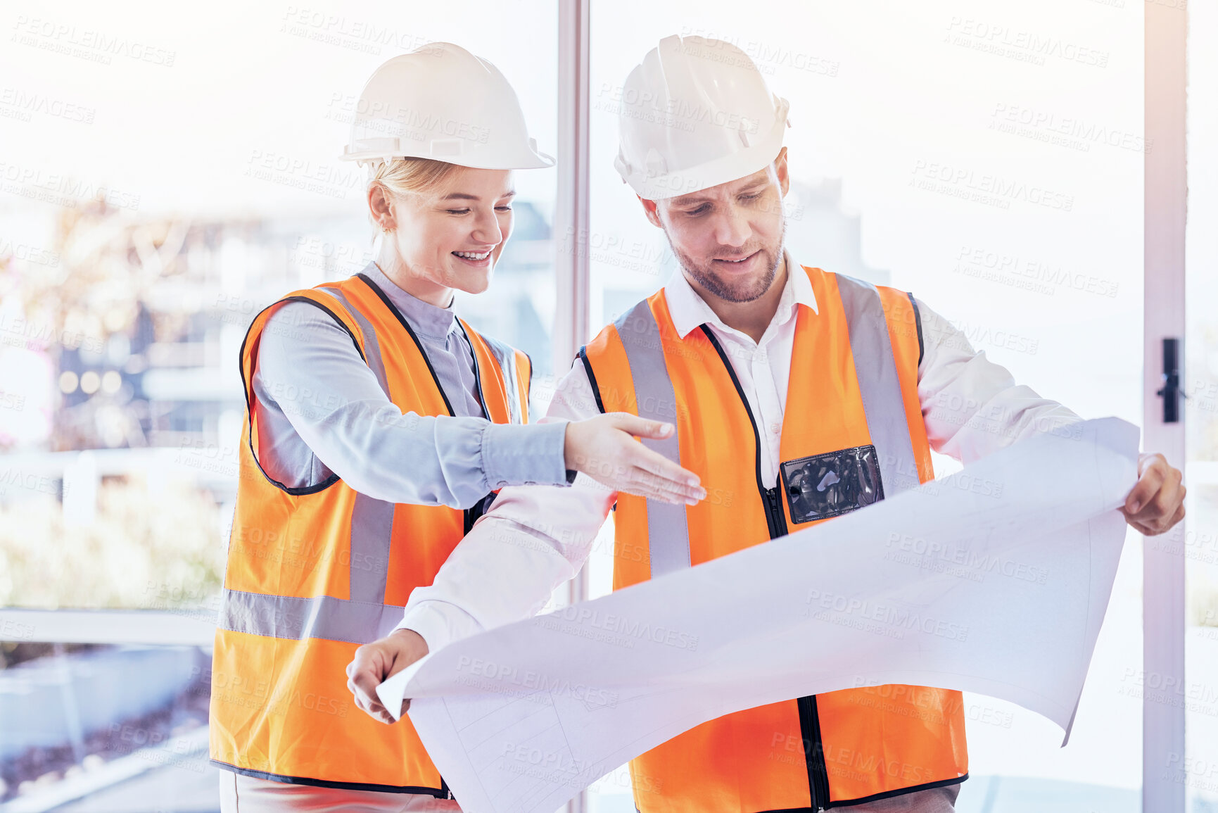 Buy stock photo Business people, architect and blueprint for planning, construction or strategy at office. Happy engineer in teamwork for building, strategy or collaboration with floor plan for architecture project