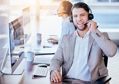 Buy stock photo Man, call center and microphone with smile in office for crm, contact and customer service job. Consultant, happiness and listening on voip call for tech support, advice or telemarketing in workplace