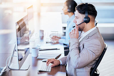 Buy stock photo Call center, computer and consulting with man in office for customer service, technical support or help desk. Telemarketing, contact us and communication with employee for legal advice and talking
