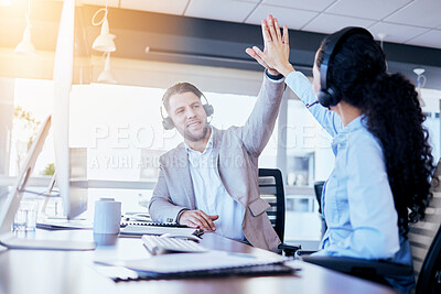 Buy stock photo Business people, call center and high five for winning, teamwork or success in customer service at the office. Employee consultants touching hands in celebration for team win, bonus or promotion