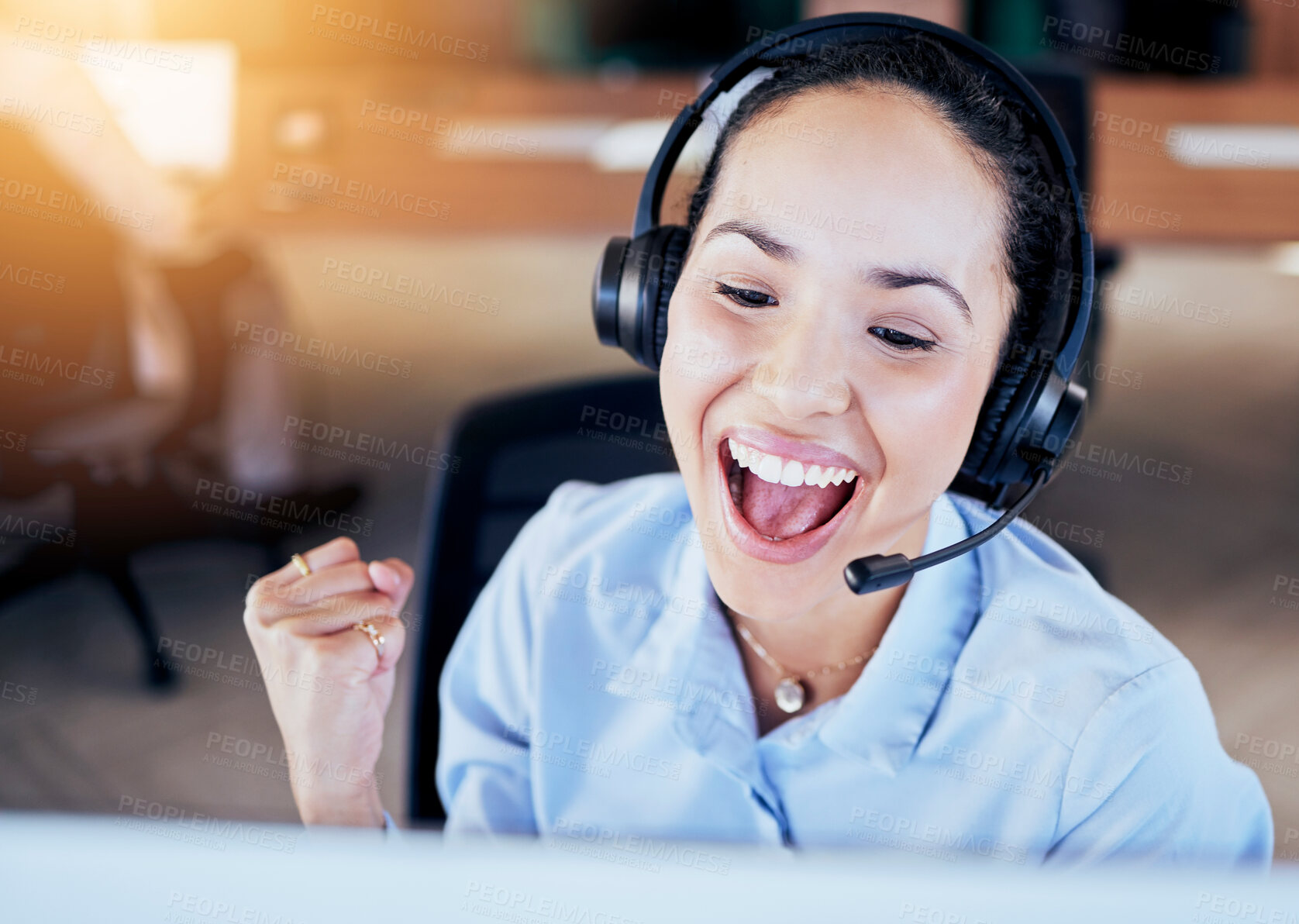 Buy stock photo Woman, call center and success fist in office for crm, promotion and customer service job. Consultant, happiness and winning in career, goals and achievement on voip for technical support on computer