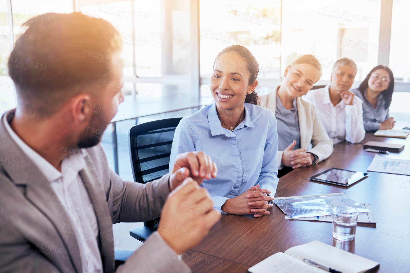 Buy stock photo Business people, talking and meeting at desk with man, women or idea for company growth with diversity. Businessman, teamwork or discussion for consulting, planning or advice for strategy in workshop