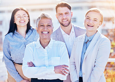 Buy stock photo Smile, portrait of business people and team building outside office with happy employees at creative start up. Diversity, happiness and pride, man and women in outdoor picture together at workplace.