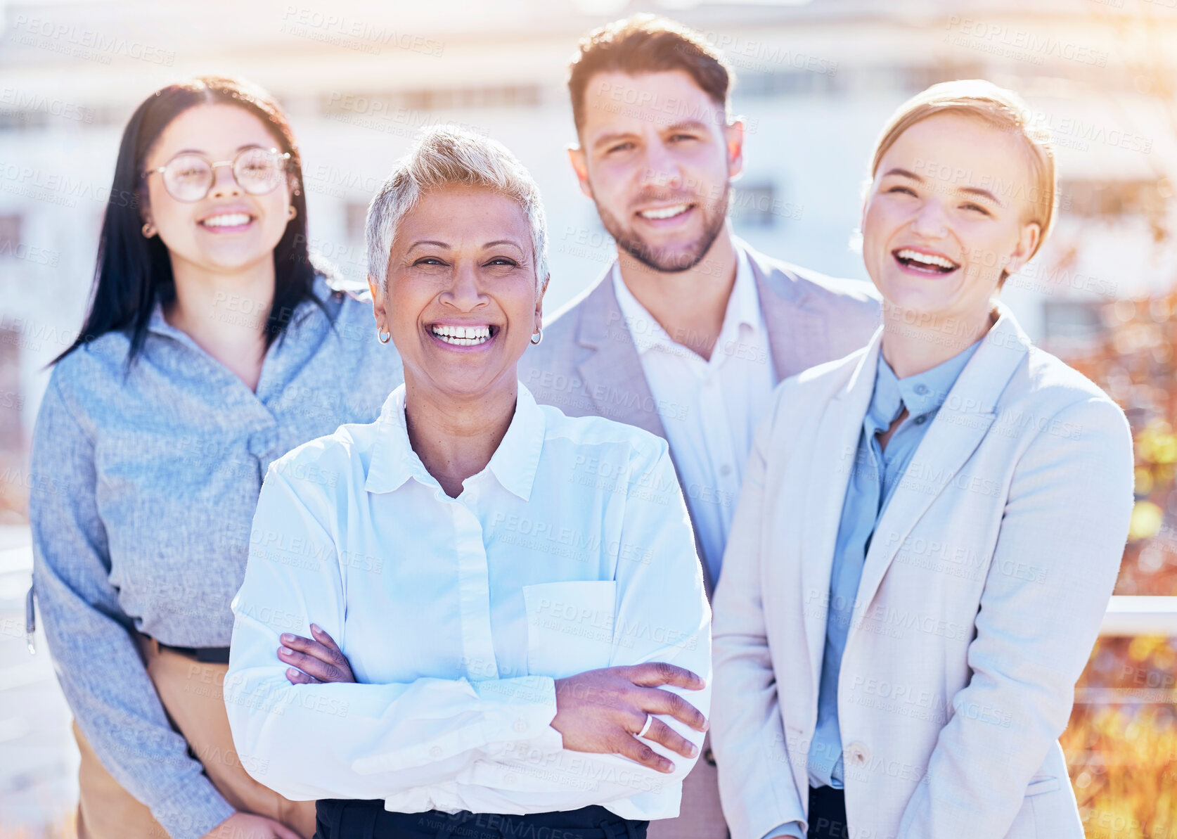 Buy stock photo Smile, portrait of business people and team building outside office with happy employees at creative start up. Diversity, happiness and pride, man and women in outdoor picture together at workplace.