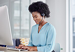 Call center, consulting and typing with black woman at computer in office for networking, online or customer service. Happy, contact us and help desk with employee for technology, virtual or research