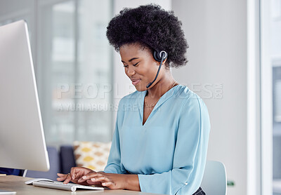 Buy stock photo Call center, consulting and typing with black woman at computer in office for networking, online or customer service. Happy, contact us and help desk with employee for technology, virtual or research