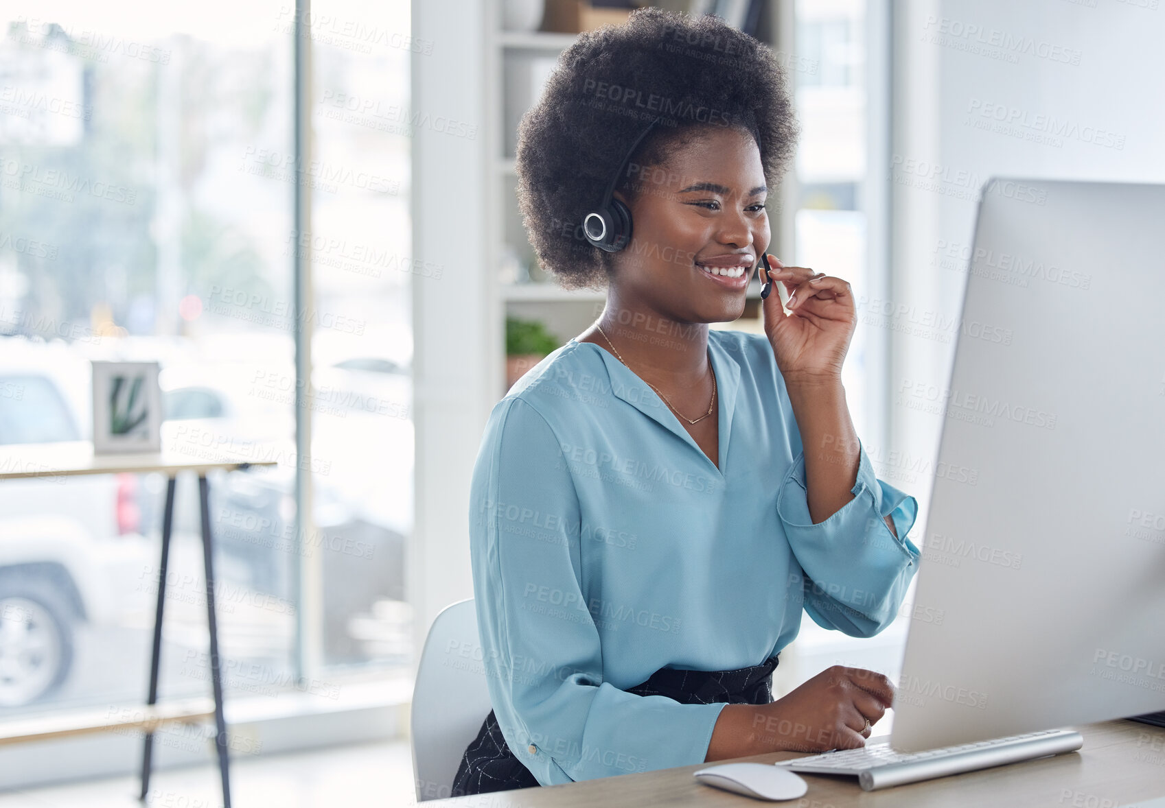 Buy stock photo Call center, consulting and smile with black woman in office for networking, friendly or customer service. Happy, contact us and help desk with employee for communication, virtual and legal advice