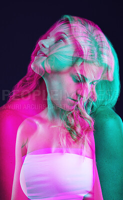 Buy stock photo Double exposure, thinking and beauty with a woman on a dark background in studio for neon art or fantasy. Overlay, idea and abstract with an attractive young female model posing on a black backdrop
