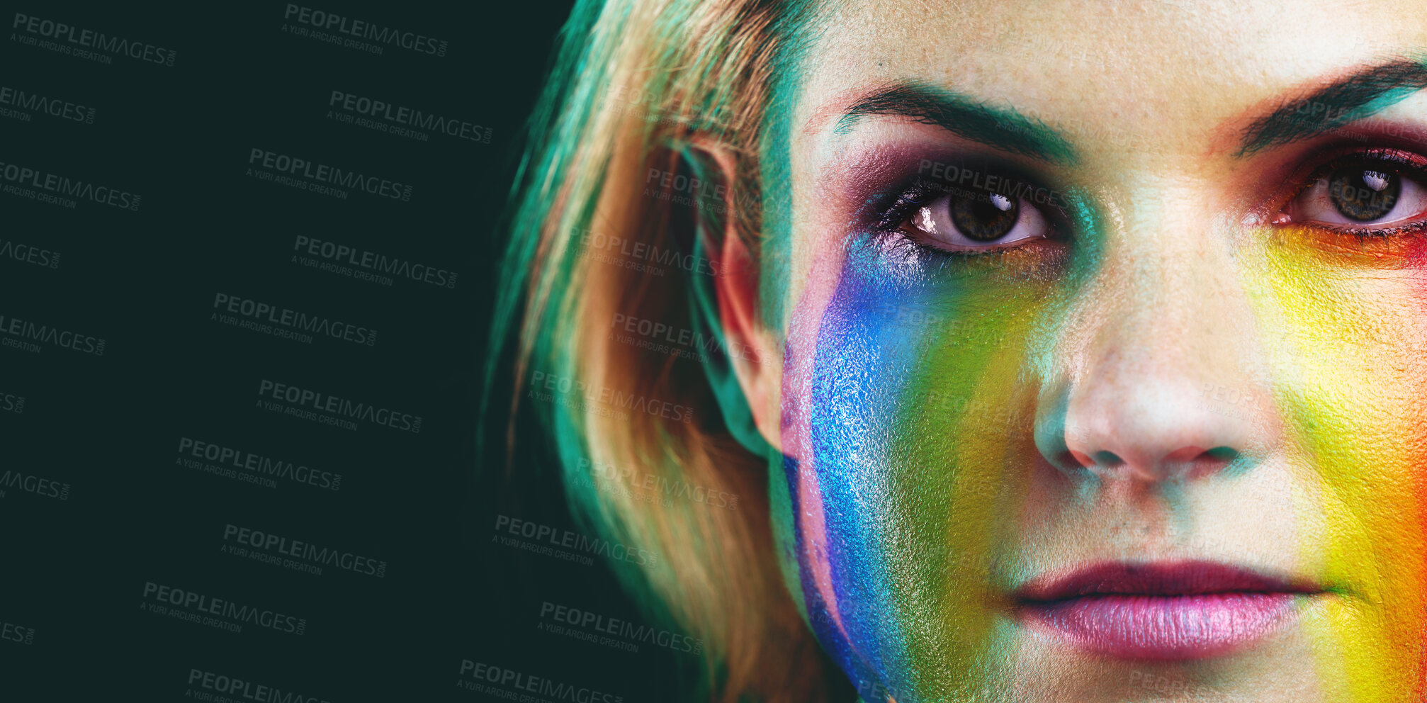Buy stock photo Double exposure, beauty and portrait of woman with paint on black background for cosmetics, design and art deco. Neon aesthetic, fantasy and face of female model in rainbow, creative makeup and glow