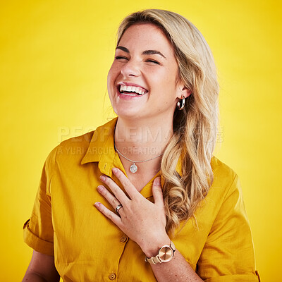 Buy stock photo Woman, laughing and happy in studio with joke, comedy or funny reaction against gradient yellow background. Comic, relief and female laugh, relax and meme, good mood and happiness while isolated