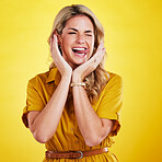 Woman, comic face and sticking out tongue in studio for a funny expression with hands and wink. Female model person being silly on yellow background with a crazy and happy emoji or facial expression