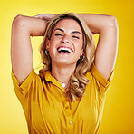 Happy fashion, confident and portrait of a woman isolated on a yellow background in a studio. Laughing, beautiful and a clothing model with a smile in a shirt, confidence and happiness while posing