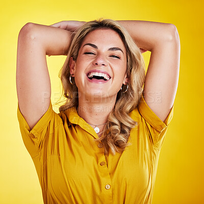 Buy stock photo Happy fashion, confident and portrait of a woman isolated on a yellow background in a studio. Laughing, beautiful and a clothing model with a smile in a shirt, confidence and happiness while posing