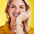 Fashion, beauty and portrait of woman with smile on yellow background in trendy, stylish and modern clothes. Style, happiness and face of female person with cosmetics, confidence and happy in studio