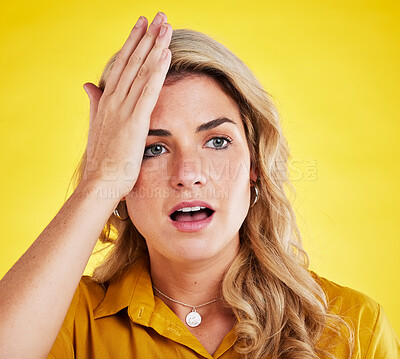 Buy stock photo Shock, thinking and face of a woman with a mistake isolated on a yellow background in a studio. Wow, problem and a girl looking thoughtful about bad news, work surprise or job fail with a gesture
