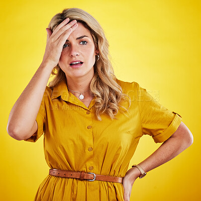 Buy stock photo Stress, health and woman with a headache, pain and fatigue with lady against a studio background. Female person, model and girl with a migraine, depression and exhausted with burnout and anxiety