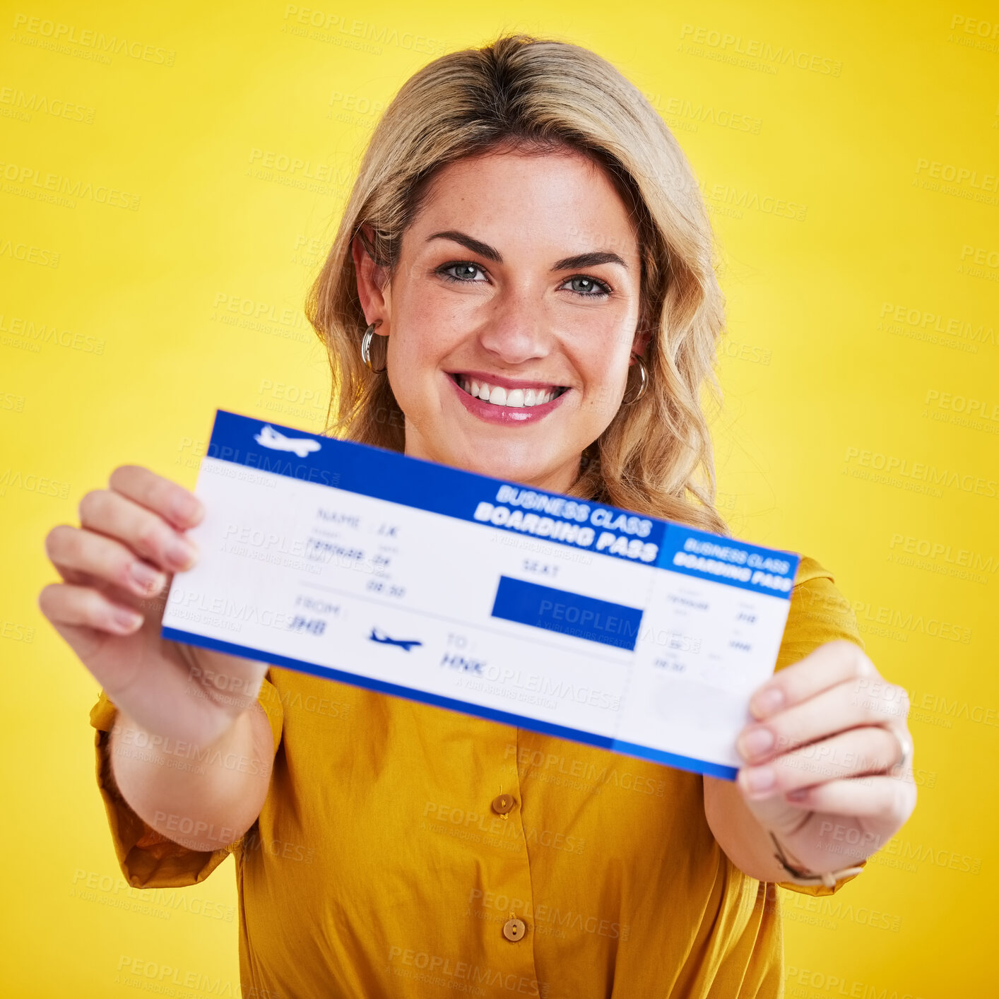 Buy stock photo Happy woman, plane ticket and portrait smile for travel, flight or vacation against a yellow studio background. Female traveler smiling with boarding pass, passport or permit for traveling or trip