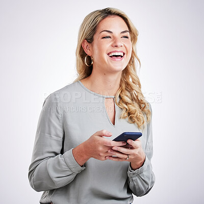 Buy stock photo Woman, laughing and phone in studio for communication, funny post or video on a white background. Female person laugh for comic meme on social media with a smartphone, internet and network connection