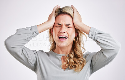 Buy stock photo Stress, headache and woman in studio with anxiety, brain fog and pain against white background. Migraine, depression and female person suffering from problem, vertigo and burnout, frustrated or tired