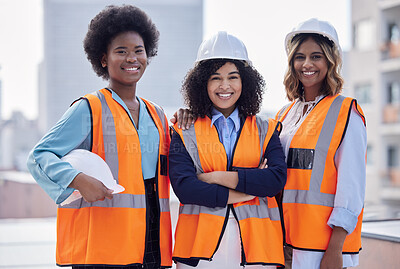Buy stock photo Happy, arms crossed and portrait of architects on a site for construction work, building and engineering. Smile, teamwork and female builders in collaboration for an industrial project in the city