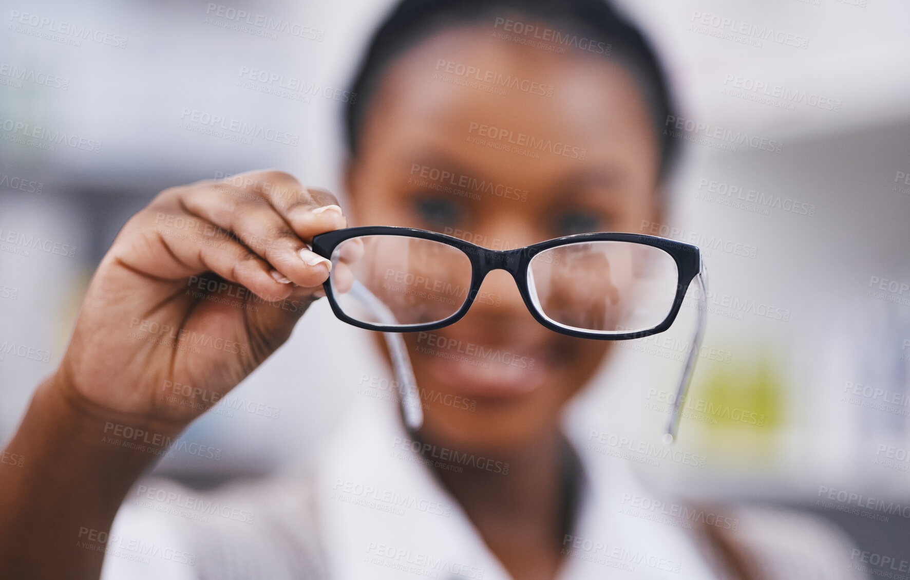 Buy stock photo Vision, eye care and woman with glasses hand, clinic for eye exam and help for poor sight with health and wellness. Eyesight, wellness and girl holding designer brand frame and lens for healthy eyes.