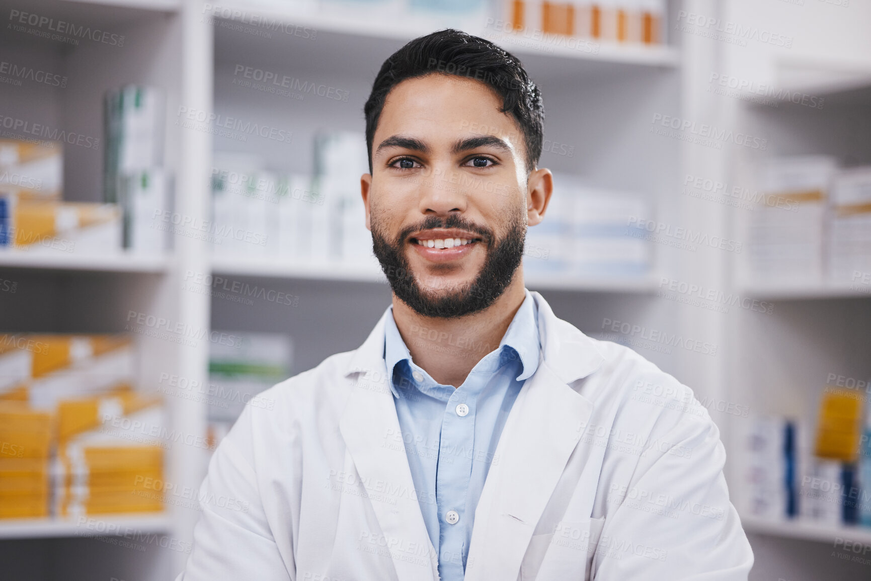 Buy stock photo Pharmacy, pharmacist or portrait of man with smile in healthcare drugstore or hospital clinic alone. Face, wellness or happy male professional smiling by medication, medicine or shelf ready to help 