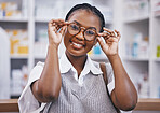 Happiness, vision and portrait of woman with glasses in clinic for eye care, health and wellness. Eyesight, smile on happy face and girl with eyewear, designer brand frame and lens in hand for eyes.