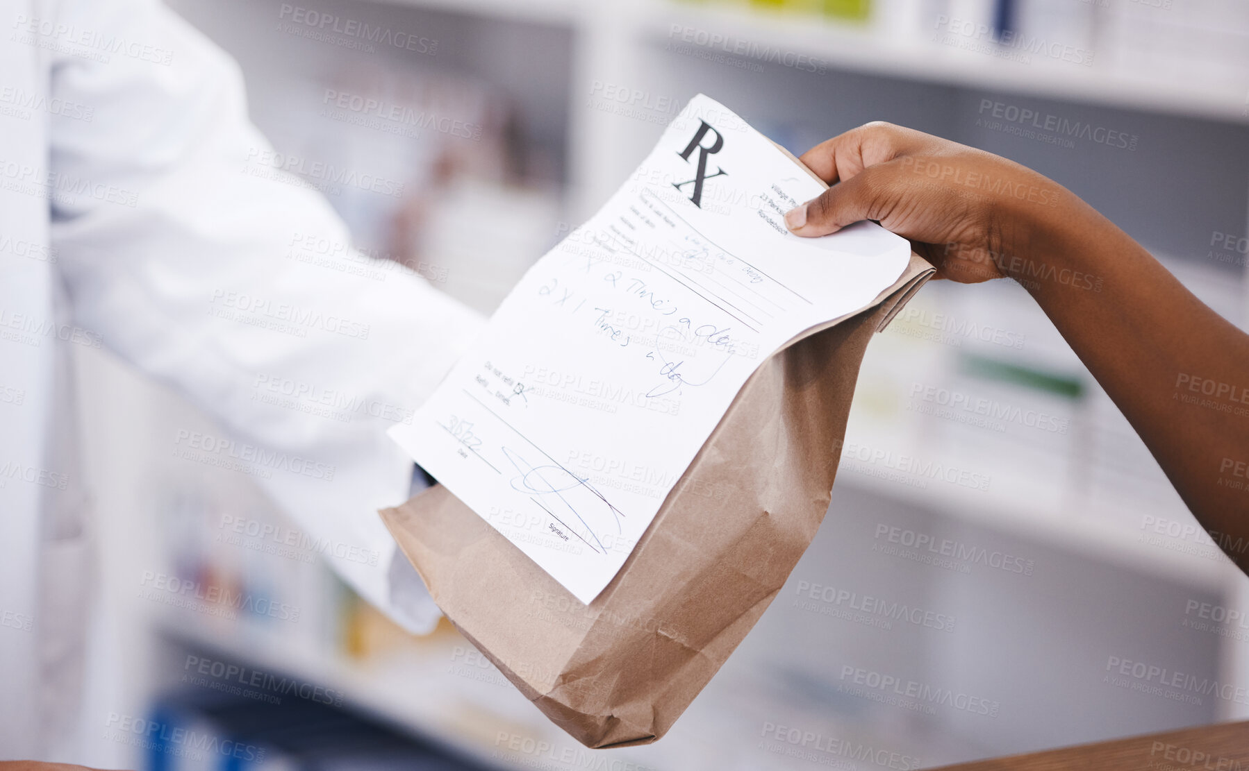Buy stock photo Retail, medicine or pharmacist hands a person a bag in drugstore with healthcare prescription receipt. Zoom, shopping or doctor giving customer product, pills or package for medical pharmacy services