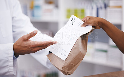 Buy stock photo Pharmacy, medicine or pharmacist hands a bag in drugstore with healthcare prescription receipt. Zoom, person shopping or doctor giving customer products, pills or package for medical retail services