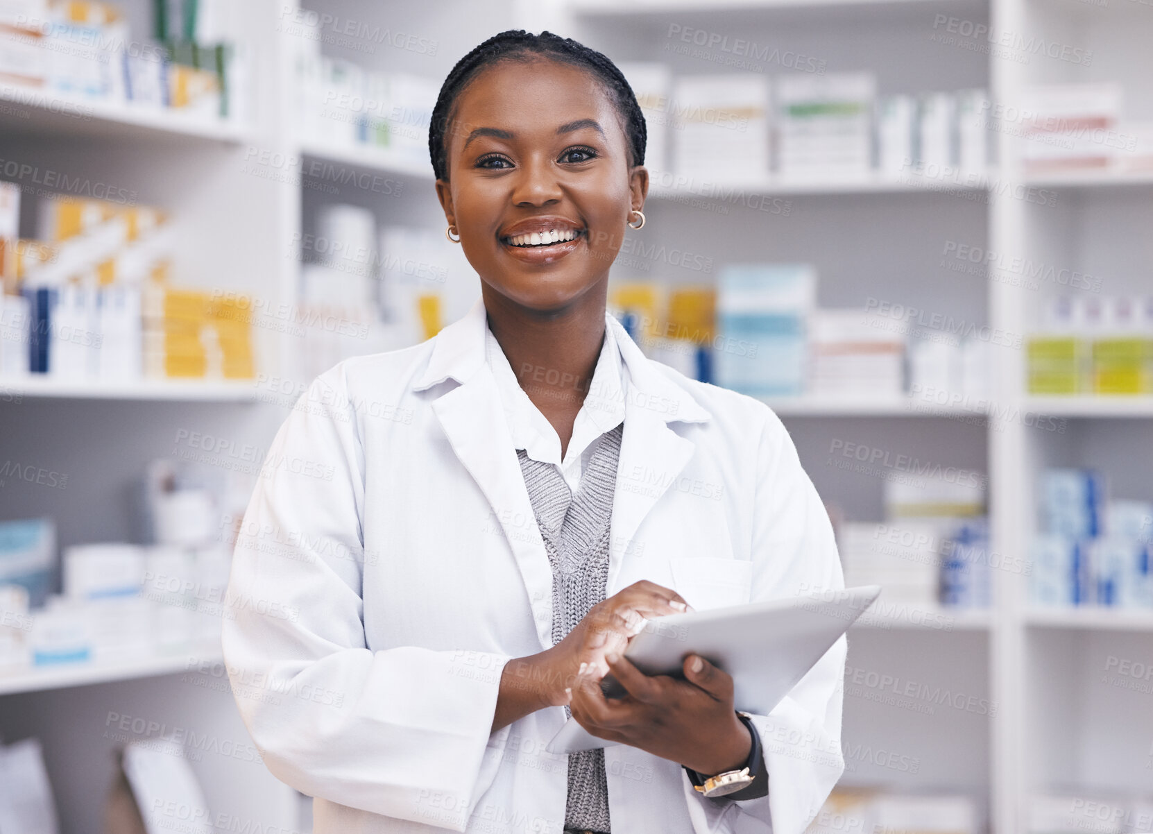 Buy stock photo Portrait of black woman in pharmacy with tablet, smile and online inventory list for medicine on shelf. Happy female pharmacist, digital checklist and medical professional checking stock in store.