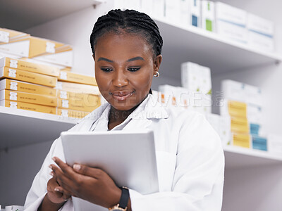 Buy stock photo Woman, pharmacist or tablet, online checklist and checking stock of medicine on shelf. African female medical professional reading digital inventory list in pharmacy, healthcare or prescription drugs