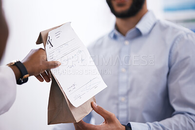Buy stock photo Customer, medicine or pharmacist hands a bag in drugstore with healthcare prescription receipt. Zoom, person shopping or doctor giving patient products, pills or package for medical pharmacy services