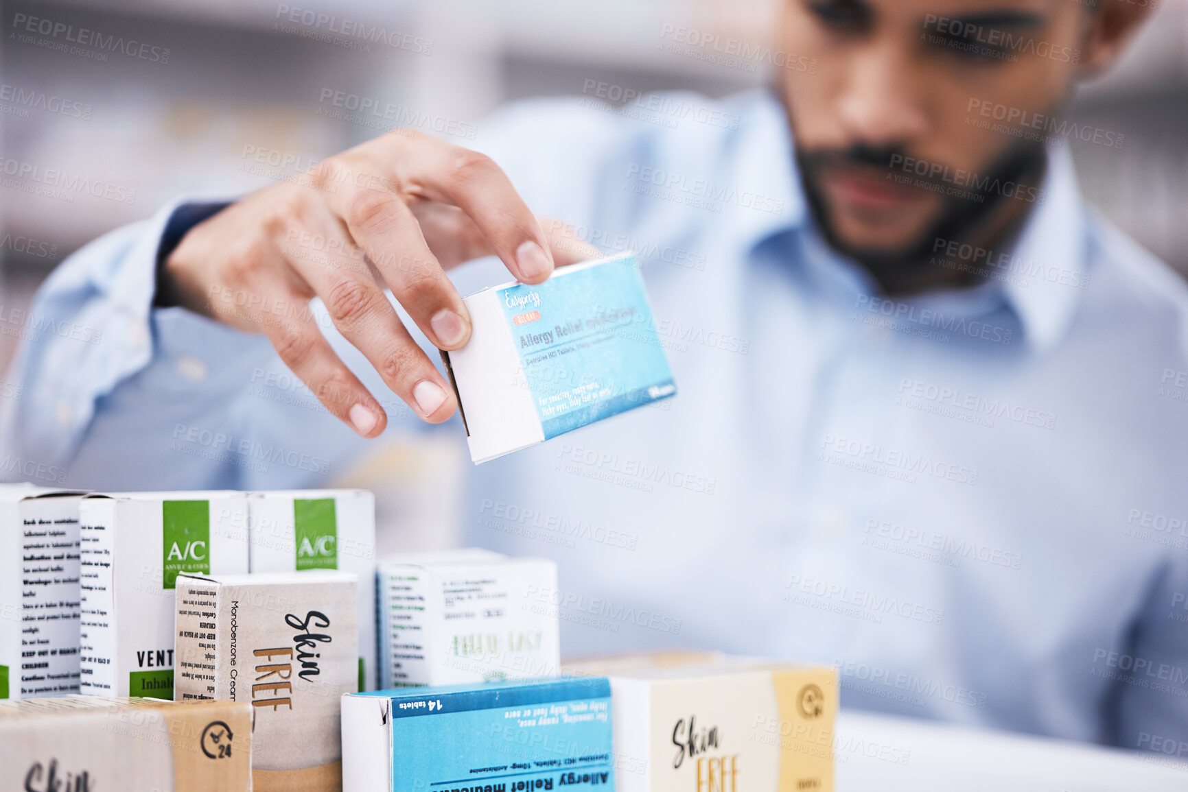 Buy stock photo Pharmacy stock, man hands and retail check of a customer in a healthcare and wellness store. Medical inventory, drugs box and pharmaceutical label information checking of a person by a shop shelf